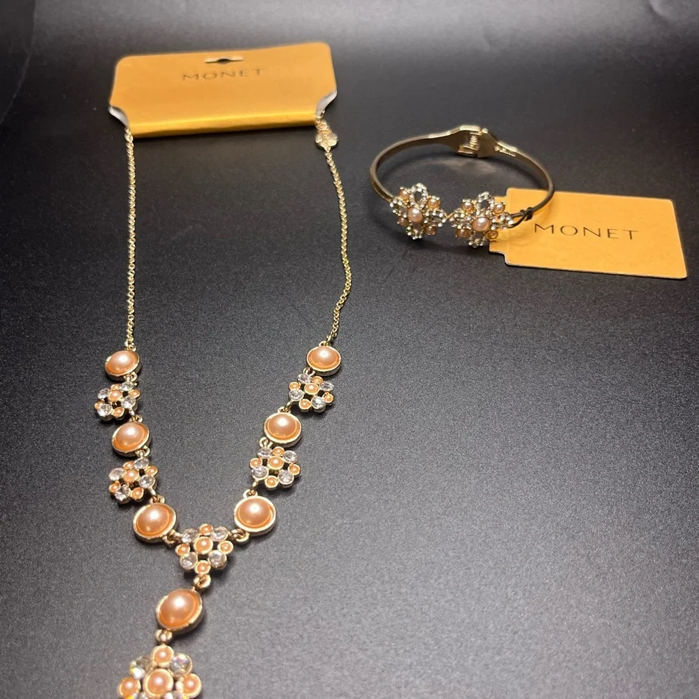Monet Gold Tone Floral Crystal Bracelet with Pink Pearls - Picture 4 of 7